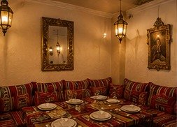 Salón con mesas bajas y cojines