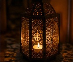 Farol de metal calado con una vela encendida